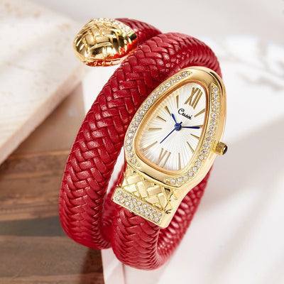 Snake Design Quartz Women Watch Diamond Leather Strap Luxury Timepiece