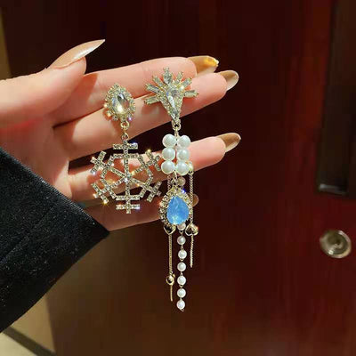 Snowflake Pearl Tassel Earrings Asymmetrical Drop Design