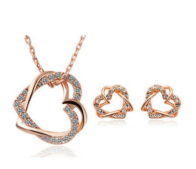 Double Diamond Heart Jewelry Set Necklace & Earrings
