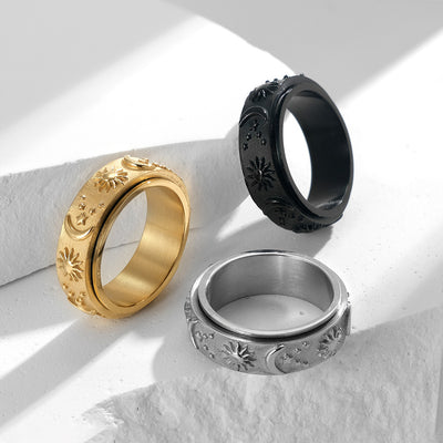 Sun Moon Star Titanium Steel Ring Rotatable Jewelry